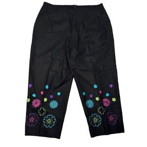 Black Linen Blend Embroidered Floral Capri Pants Boho Y2K Artsy Women's Size 10